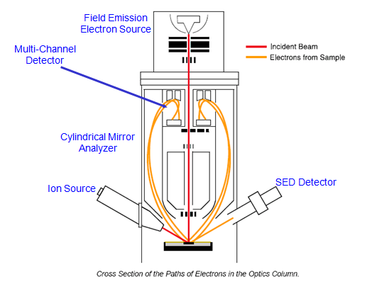 Fig. 2 – The cross section of the paths of electron in the optics column with coaxial CMA